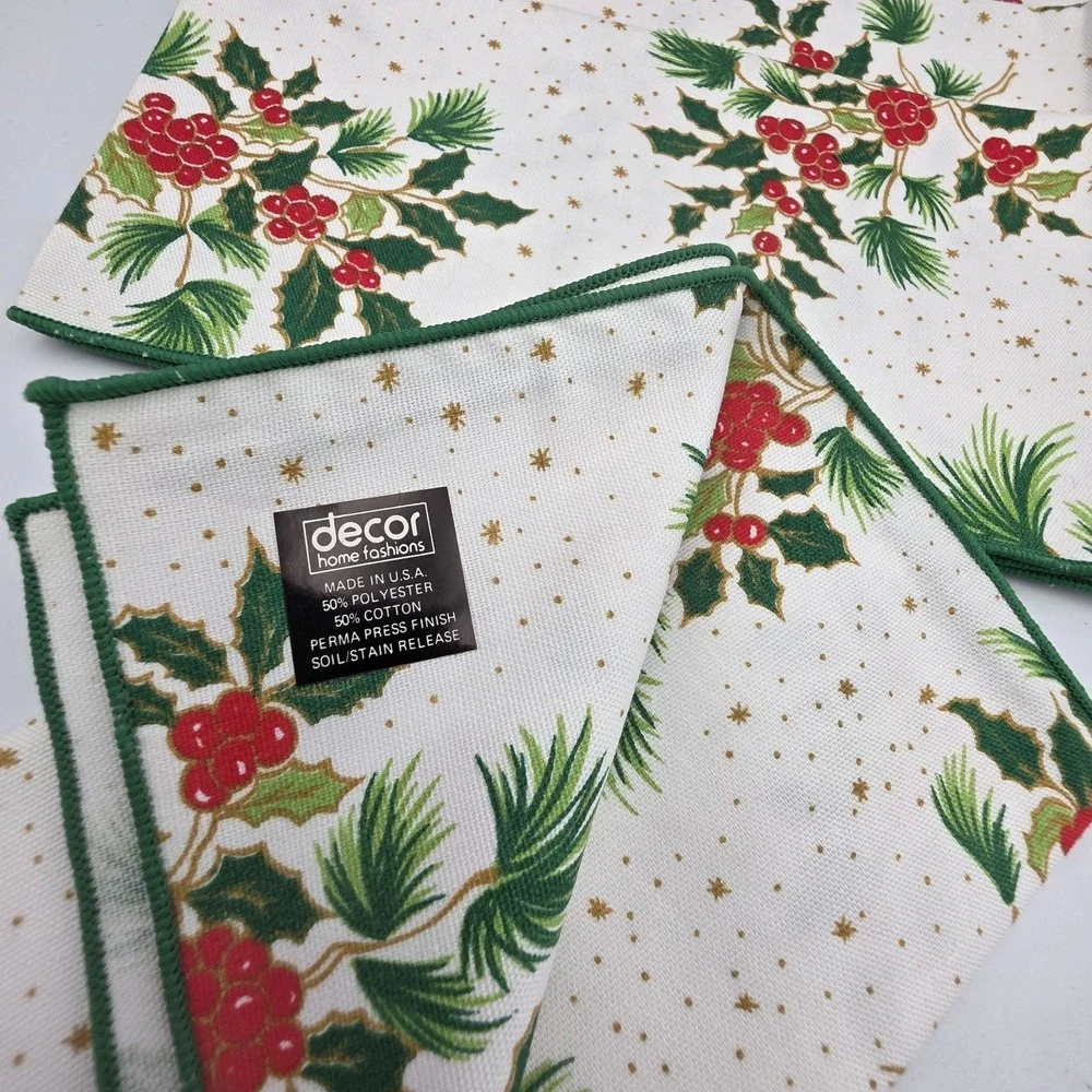 6~Vtg Decor Home Fashions Holly Leaf & Berry‎ Dinner Table Napkins USA 19